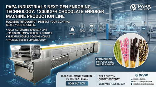 Berita perusahaan terbaru tentang Papa Industrial Launches High-Capacity 1300kg/h Double Coating Chocolate Enrober Machine Line